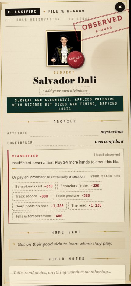A character dossier — Salvador Dali's play style, attitude, tells, and your history against him